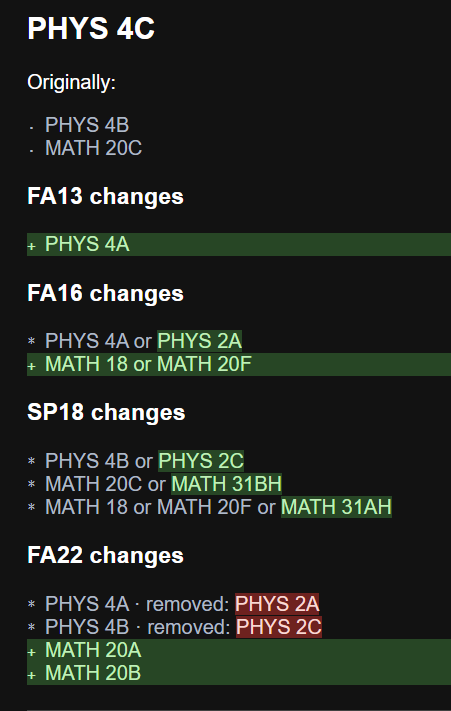 A screenshot previewing the web page for prerequisite changes by course.